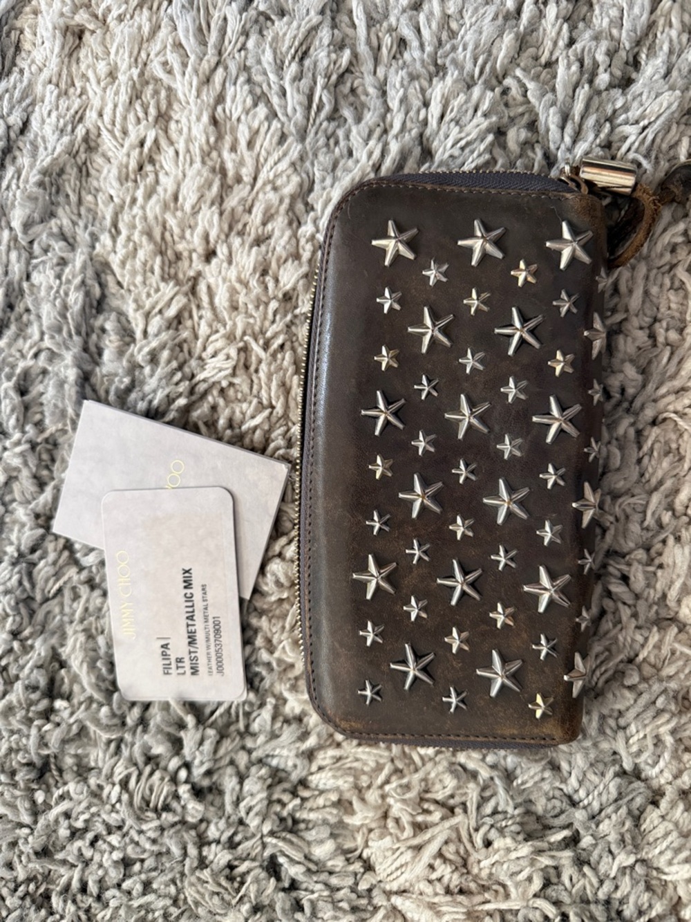 Jimmy Choo Dark Brown Leather Zip Wallet with Silver Star Studs